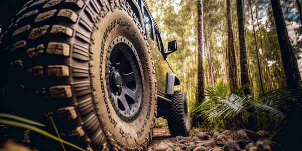 Close up of a 4WD tyre driving through mud