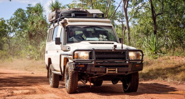 A 4WD equipped with the best 4WD accessories including a bull bar and roof racks.